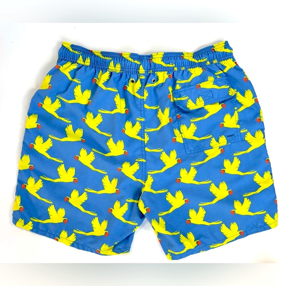 TOM & TEDDY Parrot Swim Trunks Board Shorts 7” Blue Yellow Size Large EUC - Picture 2 of 14